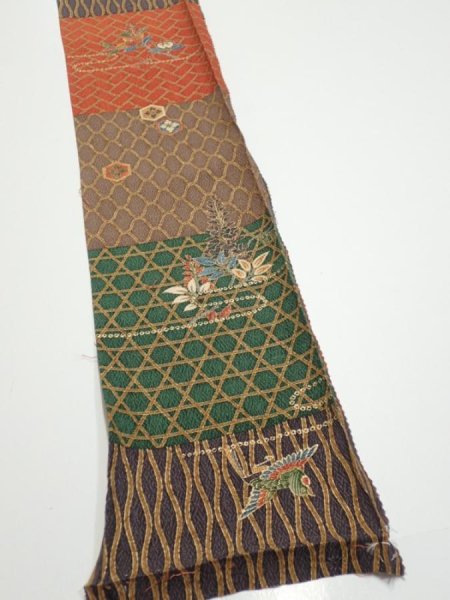 Photo2: 4D07z40  Japanese Kimono Silk  FABRIC Flowers Brown Green 59.8x7.3 (2)