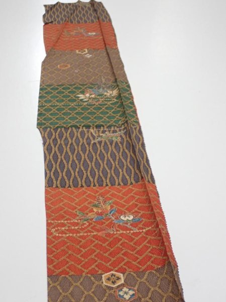 Photo3: 4D07z40  Japanese Kimono Silk  FABRIC Flowers Brown Green 59.8x7.3 (3)