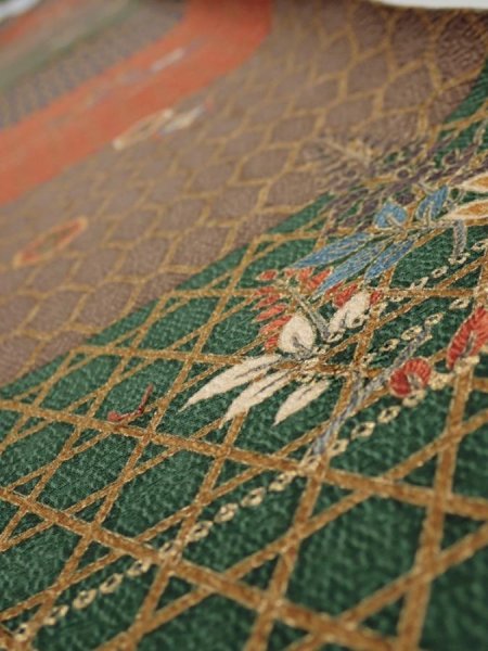 Photo4: 4D07z40  Japanese Kimono Silk  FABRIC Flowers Brown Green 59.8x7.3 (4)