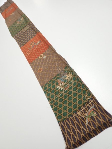 Photo5: 4D07z40  Japanese Kimono Silk  FABRIC Flowers Brown Green 59.8x7.3 (5)