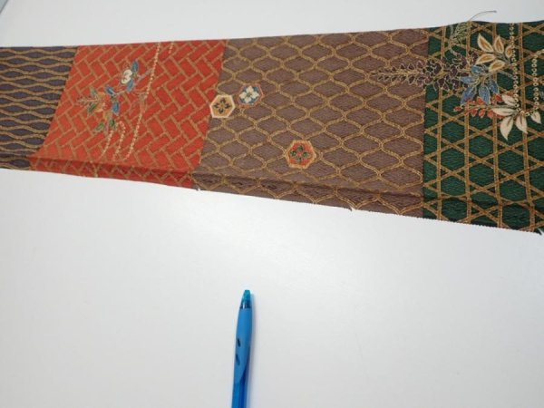 Photo6: 4D07z40  Japanese Kimono Silk  FABRIC Flowers Brown Green 59.8x7.3 (6)