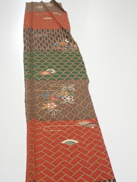 Photo3: 4D08z40  Japanese Kimono Silk  FABRIC Flowers Brown Green 59.8x7.1 (3)