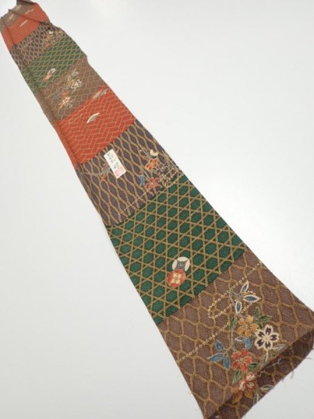 Photo5: 4D08z40  Japanese Kimono Silk  FABRIC Flowers Brown Green 59.8x7.1 (5)