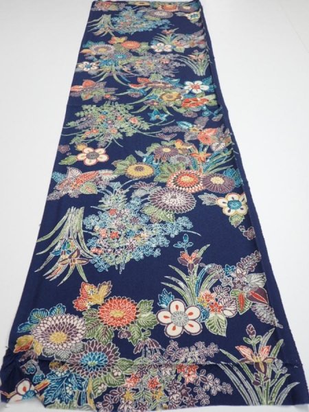 Photo5: 4D02z60  Japanese Kimono Silk  FABRIC Flowers Dark navy 44.9x14.8 (5)