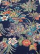 Photo1: 4D06z90  Japanese Kimono Silk  FABRIC Flowers Dark navy 66.1x14.8 (1)
