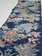 Photo3: 4D06z90  Japanese Kimono Silk  FABRIC Flowers Dark navy 66.1x14.8 (3)