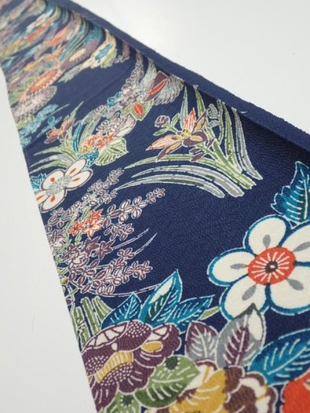 Photo1: 4D07z40  Japanese Kimono Silk  FABRIC Flowers Dark navy 60.6x7.5 (1)