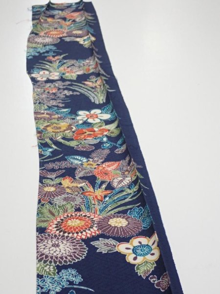 Photo3: 4D08z40  Japanese Kimono Silk  FABRIC Flowers Dark navy 61.4x7.5 (3)