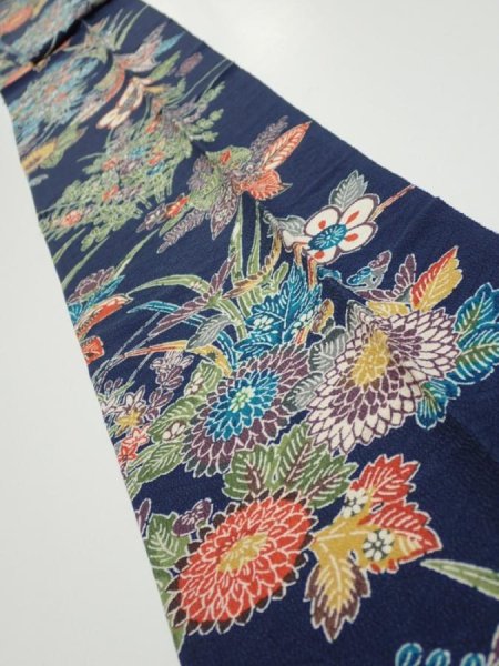 Photo1: 4D09z50  Japanese Kimono Silk  FABRIC Flowers Dark navy 75.6x7.3 (1)