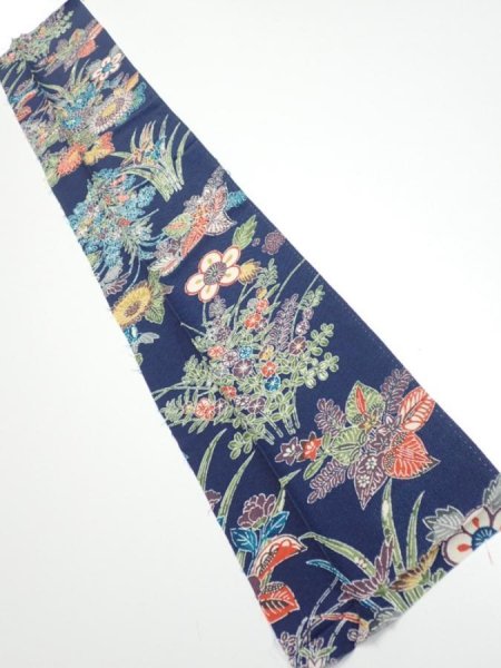 Photo1: 4D10z30  Japanese Kimono Silk  FABRIC Flowers Dark navy 38.6x7.3 (1)