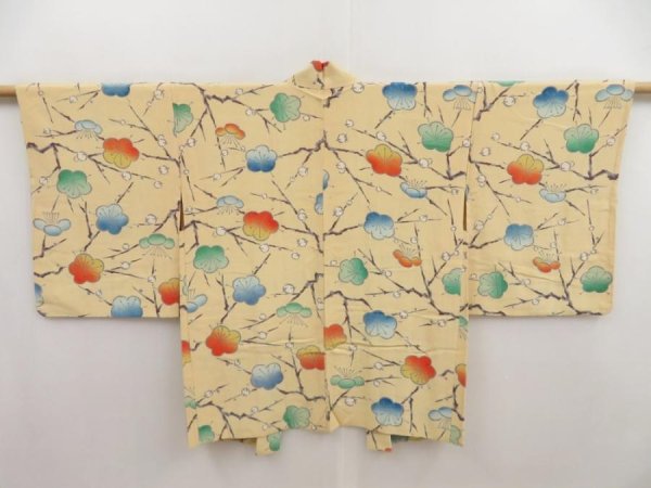 Photo1: 5308T01z530 Vintage Japanese Kimono Silk HAORI Plum branch Cream-Yellow (1)