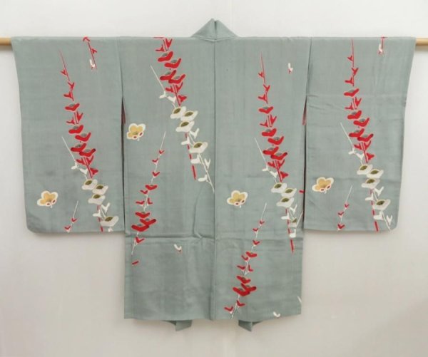 Photo1: 5308T05z480 Antique Japanese Kimono Silk HAORI Plum branch Blue-Gray (1)