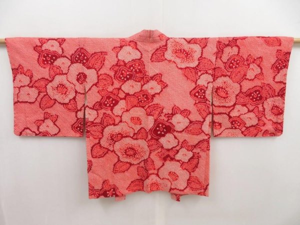 Photo1: 5308T06z490 Vintage Japanese Kimono Silk SHIBORI HAORI Camellia Coral orange (1)