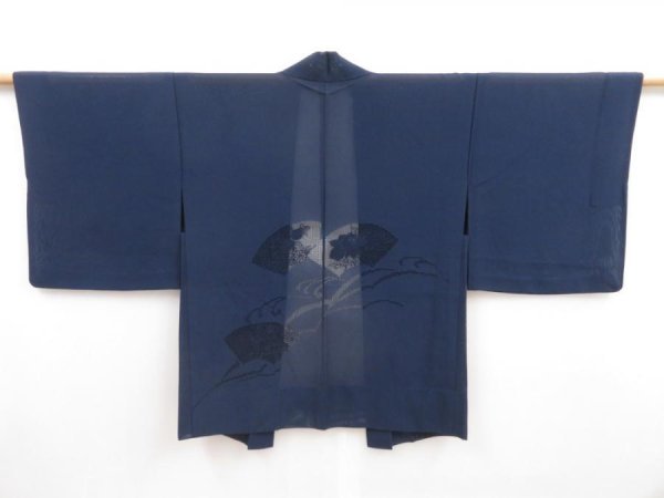 Photo1: 5308T09z270 Vintage Japanese Kimono Silk See through HAORI Jigami Navy (1)
