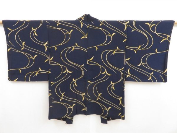 Photo1: 5308T11z480 Vintage Japanese Kimono Silk HAORI Leaf Dark navy (1)