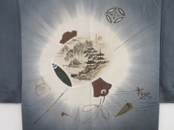 Photo3: 5308T13z410  Japanese Kimono Silk Men's JUBAN Mallet Dark gray (3)