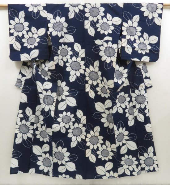 Photo1: 5309T02z460 Vintage Japanese Kimono Cotton YUKATA Sunflower Indigo (1)