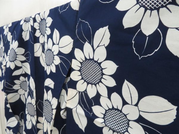 Photo2: 5309T02z460 Vintage Japanese Kimono Cotton YUKATA Sunflower Indigo (2)