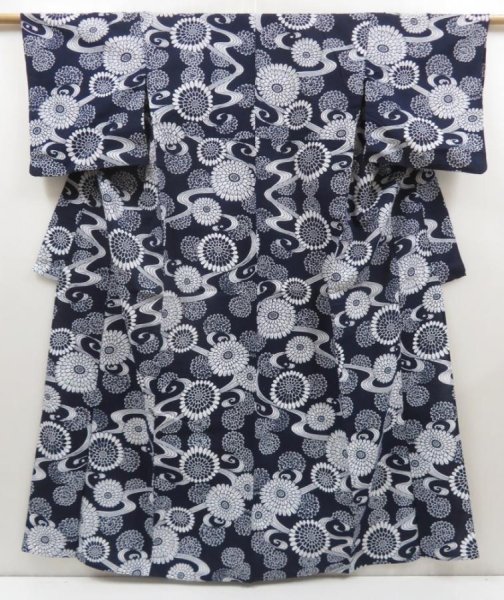 Photo1: 5309T03z470  Japanese Kimono Cotton YUKATA Chrysanthemum Indigo (1)
