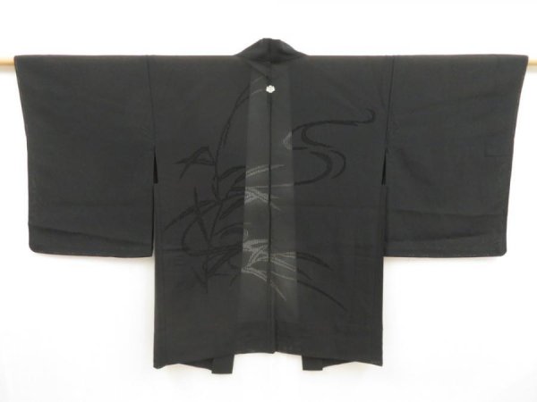 Photo1: 5309T06z360 Vintage Japanese Kimono Silk See through HAORI Bamboo grass Black (1)