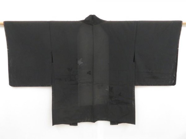 Photo1: 5309T08z290 Vintage Japanese Kimono Silk See through HAORI Flower Black (1)