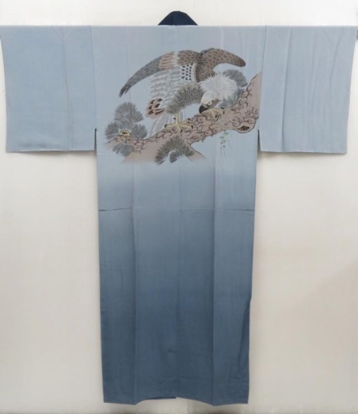 Photo1: 5309T10z460  Japanese Kimono Silk Men's JUBAN Hawk Dull light blue (1)