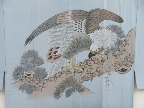 Photo3: 5309T10z460  Japanese Kimono Silk Men's JUBAN Hawk Dull light blue (3)