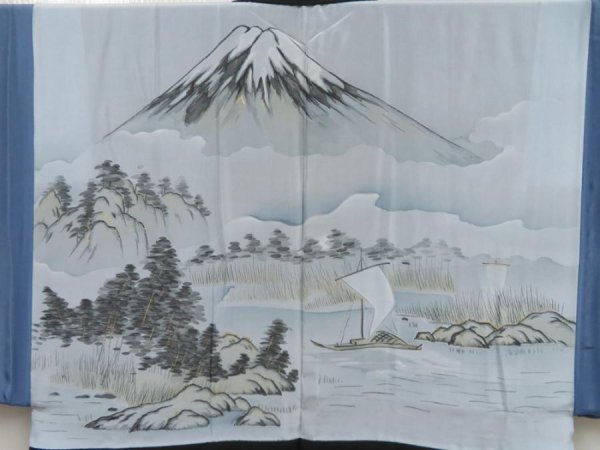 Photo1: 5309T12z680 Vintage Japanese Kimono Silk Men's HAORI Mt.Fuji Black (1)