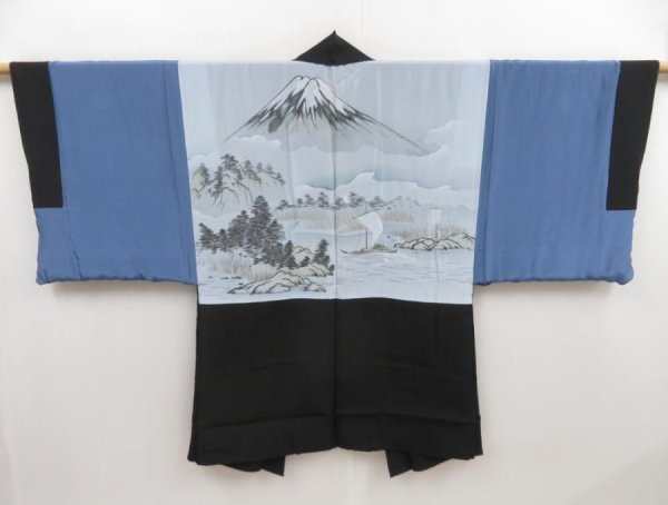 Photo2: 5309T12z680 Vintage Japanese Kimono Silk Men's HAORI Mt.Fuji Black (2)