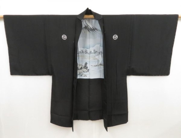 Photo5: 5309T12z680 Vintage Japanese Kimono Silk Men's HAORI Mt.Fuji Black (5)