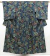 Photo1: 5309T13z780 Vintage Japanese Kimono Silk TSUMUGI  Dark cyan blue (1)