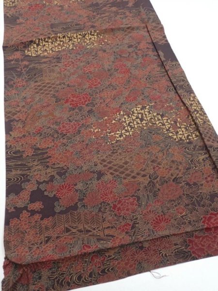 Photo2: 4K01z60  Japanese Kimono Silk  FABRIC Flowers Dark brown 38.6x14.6 (2)