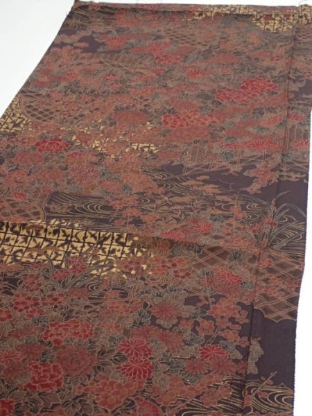 Photo3: 4K01z60  Japanese Kimono Silk  FABRIC Flowers Dark brown 38.6x14.6 (3)