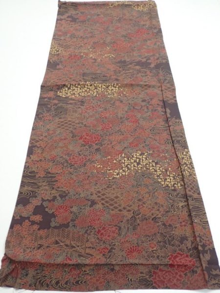 Photo5: 4K01z60  Japanese Kimono Silk  FABRIC Flowers Dark brown 38.6x14.6 (5)