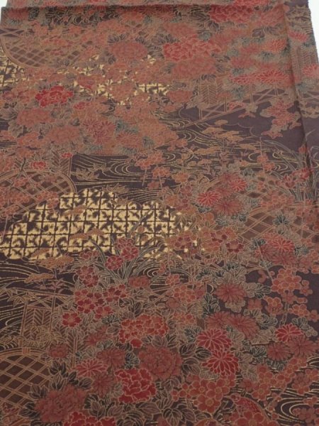 Photo1: 4K02z60  Japanese Kimono Silk  FABRIC Flowers Dark brown 37.8x14.6 (1)