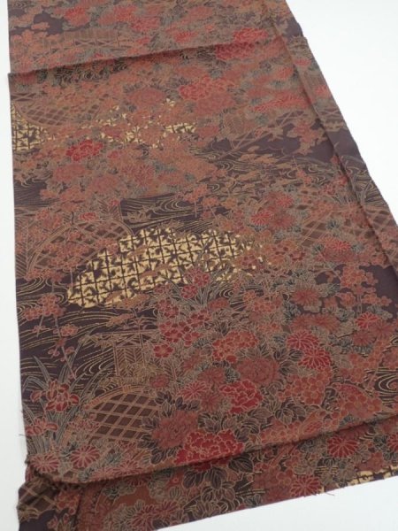 Photo2: 4K02z60  Japanese Kimono Silk  FABRIC Flowers Dark brown 37.8x14.6 (2)