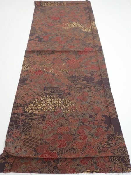 Photo5: 4K02z60  Japanese Kimono Silk  FABRIC Flowers Dark brown 37.8x14.6 (5)