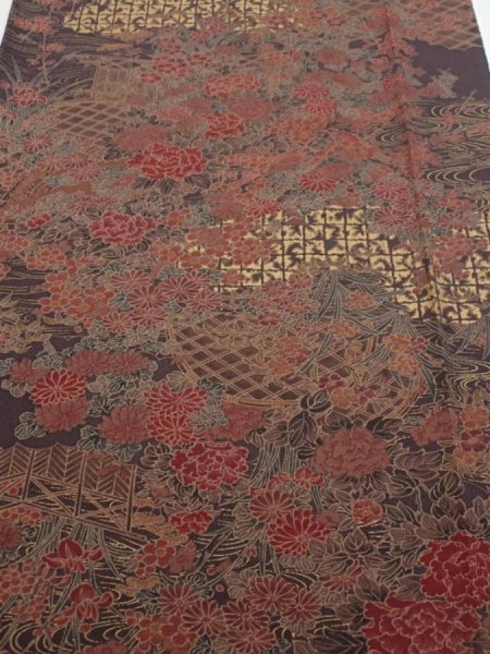 Photo1: 4K05z90  Japanese Kimono Silk  FABRIC Flowers Dark brown 66.1x14.6 (1)
