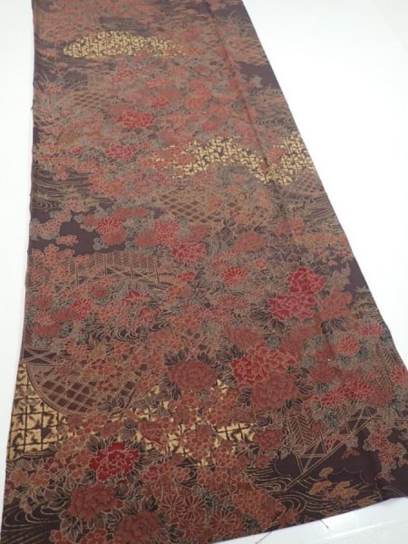 Photo2: 4K05z90  Japanese Kimono Silk  FABRIC Flowers Dark brown 66.1x14.6 (2)