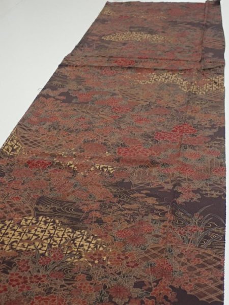 Photo3: 4K05z90  Japanese Kimono Silk  FABRIC Flowers Dark brown 66.1x14.6 (3)