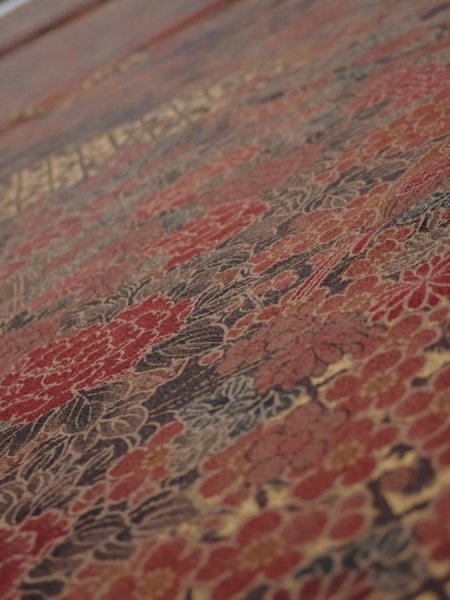 Photo4: 4K05z90  Japanese Kimono Silk  FABRIC Flowers Dark brown 66.1x14.6 (4)