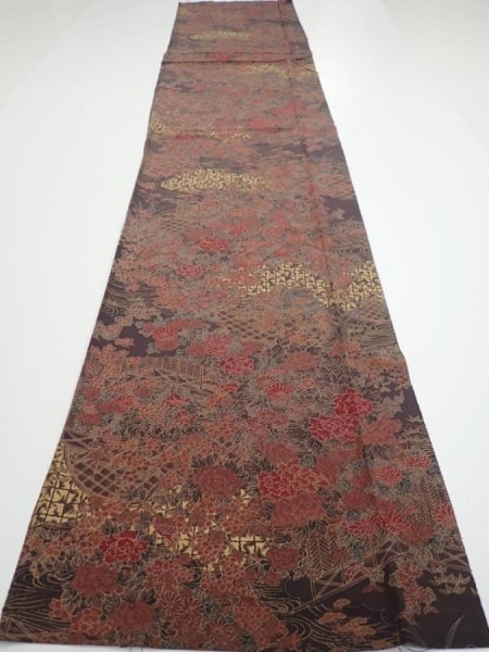 Photo5: 4K05z90  Japanese Kimono Silk  FABRIC Flowers Dark brown 66.1x14.6 (5)