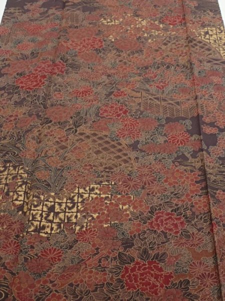 Photo1: 4K06z90  Japanese Kimono Silk  FABRIC Flowers Dark brown 66.1x14.6 (1)