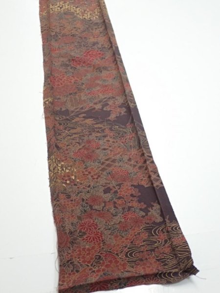 Photo2: 4K07z50  Japanese Kimono Silk  FABRIC Flowers Dark brown 61.8x7.1 (2)