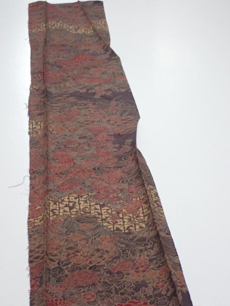 Photo3: 4K07z50  Japanese Kimono Silk  FABRIC Flowers Dark brown 61.8x7.1 (3)