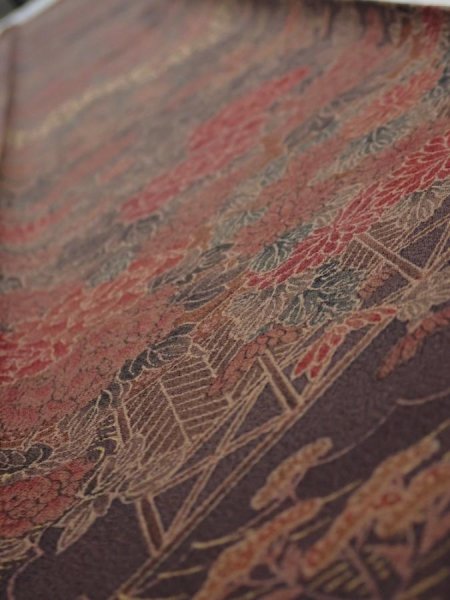 Photo4: 4K07z50  Japanese Kimono Silk  FABRIC Flowers Dark brown 61.8x7.1 (4)