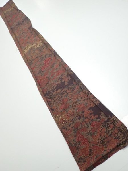 Photo5: 4K07z50  Japanese Kimono Silk  FABRIC Flowers Dark brown 61.8x7.1 (5)