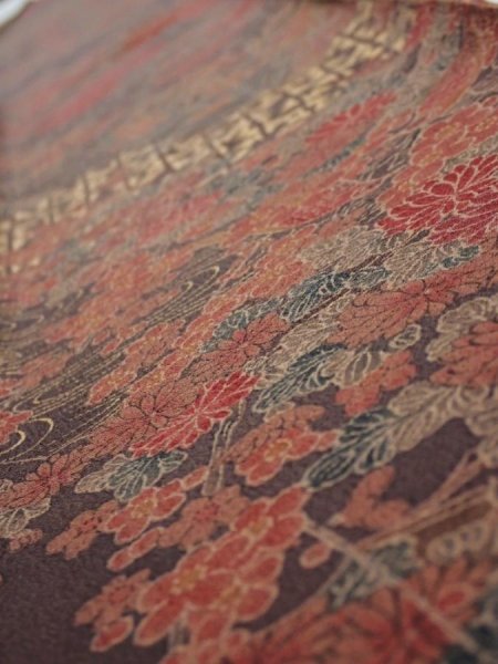 Photo4: 4K08z50  Japanese Kimono Silk  FABRIC Flowers Dark brown 59.8x7.1 (4)