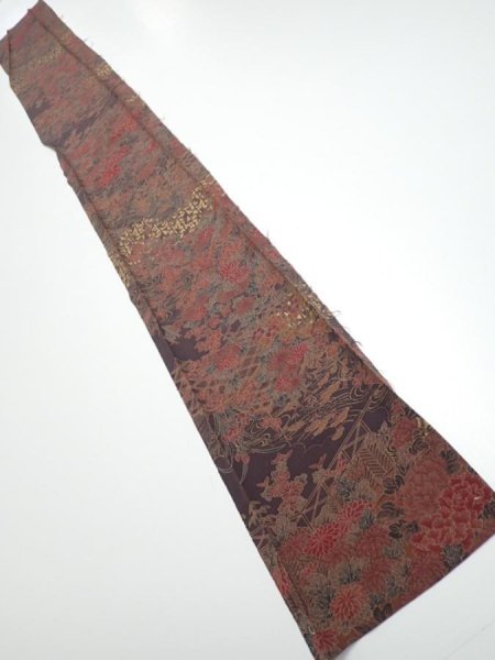 Photo5: 4K08z50  Japanese Kimono Silk  FABRIC Flowers Dark brown 59.8x7.1 (5)