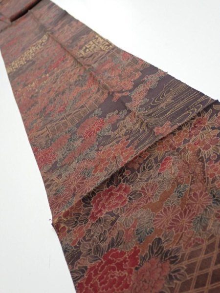Photo1: 4K09z70  Japanese Kimono Silk  FABRIC Flowers Dark brown 93.7x7.3 (1)